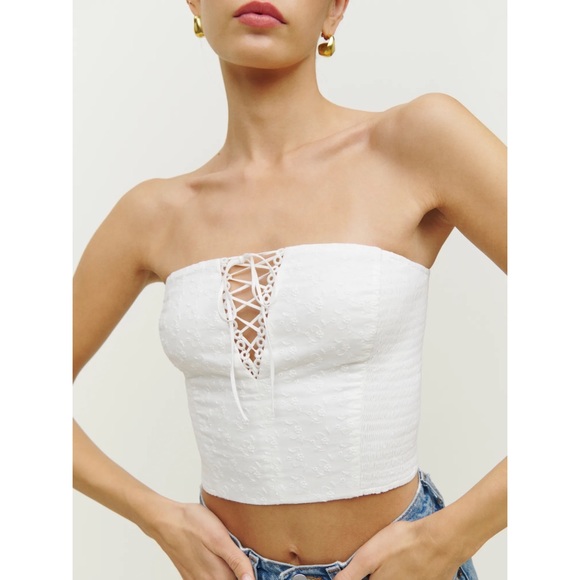 Reformation Top Hendrix Cropped Strapless Lace Smocked Floral White 0 EUC - Picture 6 of 6